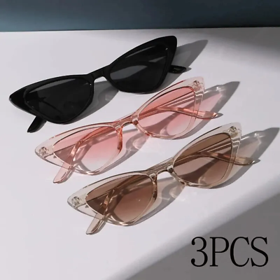 #ad 3 Pairs Classic Retro Sunglasses For Women Vintage Narrow Cat Eye Coloured Frame