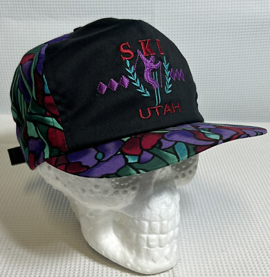 #ad VTG Ski Utah Hat Impressions Floral Mosaics Pattern Leather Strap Adjustable Cap