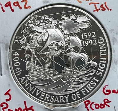 #ad 1992 Falkland Islands 5 Pounds First Sighting Silver Proof