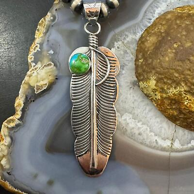 #ad Native American Sterling Round Sonoran Gold Turquoise Feather Unisex Pendant