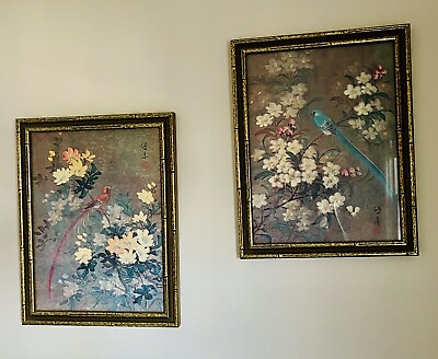 #ad Asian Prints Exotic Birds amp; Flowers Pair Vintage Faux Bamboo Frames Signed