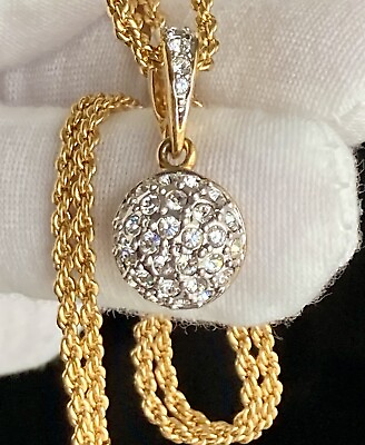 #ad Swarovski Pendant Necklace Round Crystal Gold Plated 18in Rope Chain Signed Vtg.