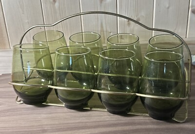#ad Vintage Set of 8 Libbey Tempo Green Glassware With Original Carry Wire Caddy
