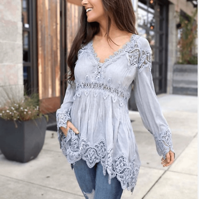 #ad POL Brinley Blue Gray Lace Cutout Wide Sleeve Oversized Boho Tunic Top Small