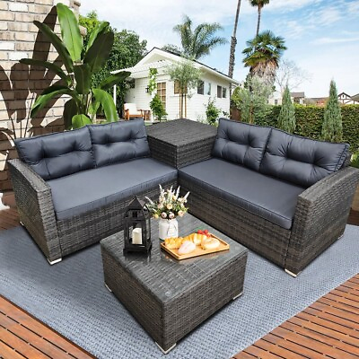 #ad 4 Piece Rattan Patio Sofa Set: Stylish Outdoor Sectional Furniture for Ultimate