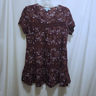 #ad She Sky Burgundy Floral Crochet Tiered Lined Dress Size M
