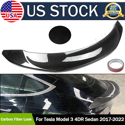 #ad For 17 2023 Tesla Model 3 V Style Sport Carbon Fiber Look Trunk Lid Spoiler Wing