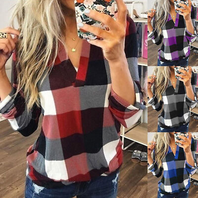 #ad Womens V Neck Loose Tops Blouse Ladies Plaid Check Long Sleeve T Shirt 2023 NEW