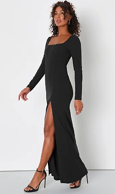#ad Lulu#x27;s Regal Stunner Black Long Sleeve Corset Maxi Dress Square Neckline Size L