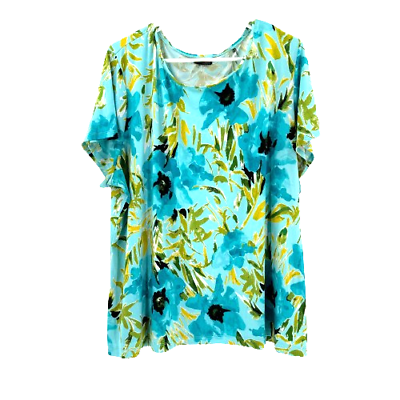 #ad East 5th Floral Tropical Stretch Short Sleeve Blouse Top Shirt Woman#x27;s 3X Blue $14.99