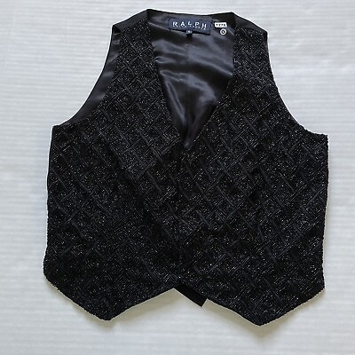 #ad Ralph Lauren Vest Womens 6 Black Beaded Diamond Satin V Neck Snap Front $24.99