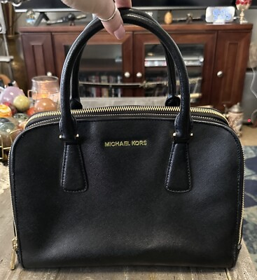 #ad Michael Kors Black Saffiano Leather Crossbody Handbag with Gold Hardware