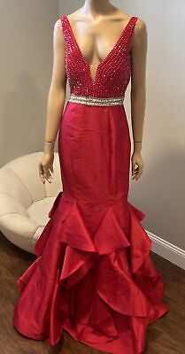 #ad Elegant Beaded Jovani Long Evening Party Prom Dress Size 6 Red Mermaid