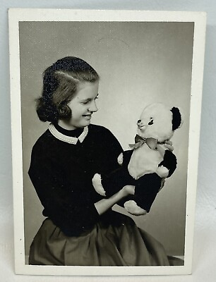 #ad Vtg 1950s Photo Girl With Rubber Nosed Teddy Bear Rushton