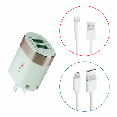 #ad DUAL USB Wall Charger 2.4A Adapter Folding Prongs Charging Block 2X Cables