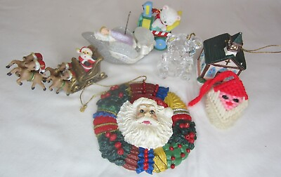 #ad Set of 7 Christmas Happy Holiday Ornaments Santa Church Bear Swan Sled Wreath