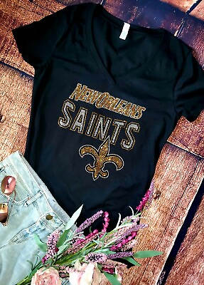 #ad New Orleans Saints New Rhinestone Womens VNeck Tshirt Sizes SM 4X Womens sizing
