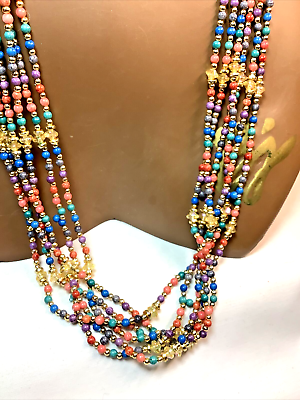 #ad Vintage 6 Strand Necklace 28quot; Multicolor Beads Gold Tone NN177