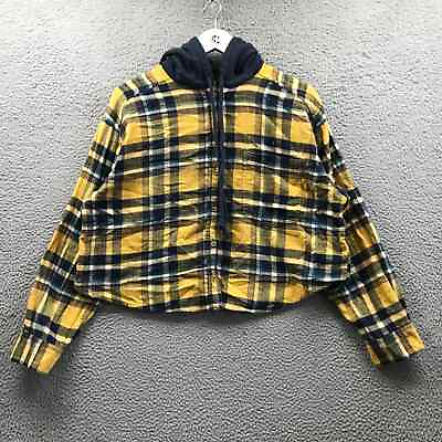 #ad American Eagle Button Up Shirt Hoodie Women#x27;s Large L Pocket Plaid Yellow Navy