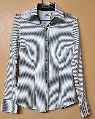#ad Betty Barclay Shirt Blouse White Black Stripe Long Sleeve Stretch 17 P2P Size 10