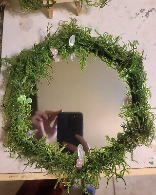 #ad Moss Fairy Hexagon Mirror With Crystals And Glowing Mushrooms