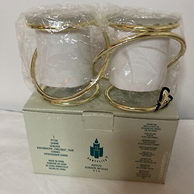 #ad PartyLite Gemini Frosted Pair Votive Candle Holder P7106 Gold Interlocking Rings