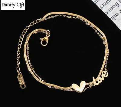 #ad Women Girl Titanium Stainless Steel Heart Love Double chain Anklet Bracelet 8 10