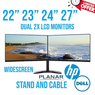 #ad Dual Dell HP 22quot; 23quot; 24quot; 27quot; LCD Widescreen Monitor w Stand Cable HDMI 1080p