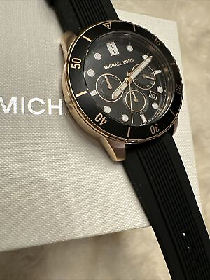 #ad New NWT MK Mens Cunningham Rose Gold Chronograph Watch Black Dial Silicone