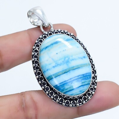 #ad Blue Banded Agate Gemstone Handmade Ethnic Silver Jewelry Pendant 2.3quot; PLG2386