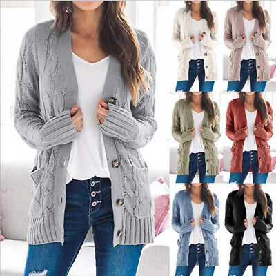 #ad Women Knit Cardigan Coat Long Sleeve Warm Sweaters Jacket Pockets Buttons Casual