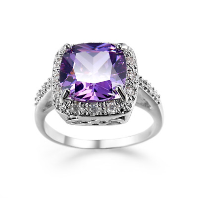 #ad Purple Zirconia Princess Cut Band Women#x27;s 925 Silver Wedding Gift Ring Size 6 10