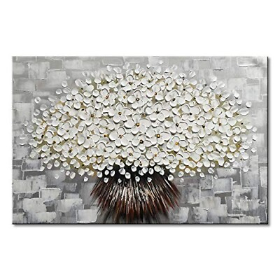 #ad Textured White Flower Oil Painting Grey Abstract Wall Art Decor Hand Painted NEW $80.74