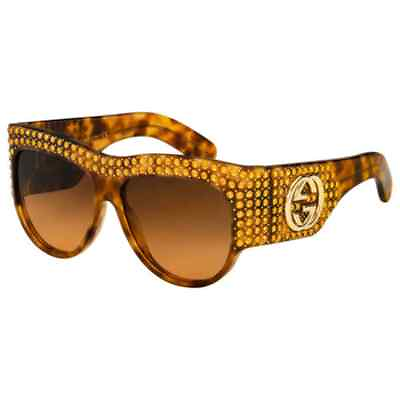 #ad Gucci Crystal embellished Tortoiseshell Gg0144s 003 Havana Sunglasses NWOT
