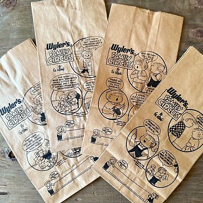 #ad 4 Diff Vintage Original 1983 WYLERS FAMILY CIRCUS Cartoon Lunch BROWN PAPER BAG