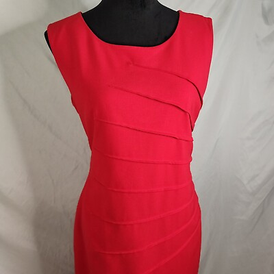 #ad NEW DIRECTIONS Size 12 Red Starburst Pleated Midi Sheath Dress Career Workwear