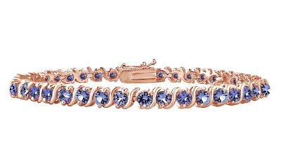 #ad S Design Tennis Bracelet Round Cut Tanzanite Gemstone 18K Rose Gold Plated