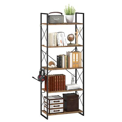 #ad Bookshelf 5 Tier Tall Bookcase Shelf Book Case Wood Industrial Rustic Standi...