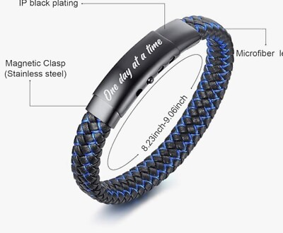 #ad Men Inspirational Mantra Engarved Handmade Blue Braided Leather Adjustable Cuff