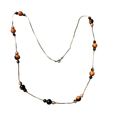 #ad Vintage Beaded Necklace Gold Tone LONG Orange Tan Black