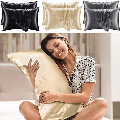 #ad 2PCS Luxurious Satin Silk Pillowcase Soft Bedding Standard 20quot;x26quot; Pillow Cover