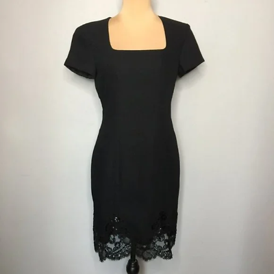 #ad Liz Claiborne Little Black Dress Lace amp; Embellished Hem Square Neck Size 4
