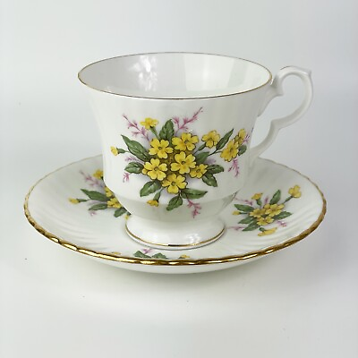 #ad Vtg ROYAL WINDSOR Fine Bone China Tea Cup amp;Saucer Footed Numbered Yellow Flowers