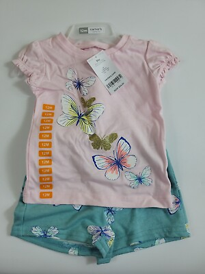 #ad Carter#x27;s Baby Girl#x27;s Pink Aqua Butterflies Print Shorts Set Size 12M NEW $10.95