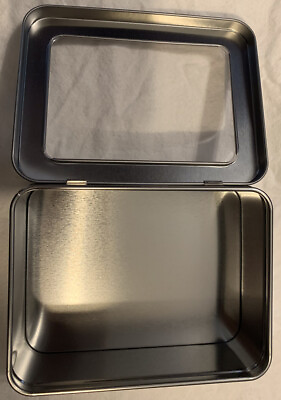 #ad Silver Metal Rectangular Box w Hinged Lid Window Display Storage 5.75x4.5x2.25
