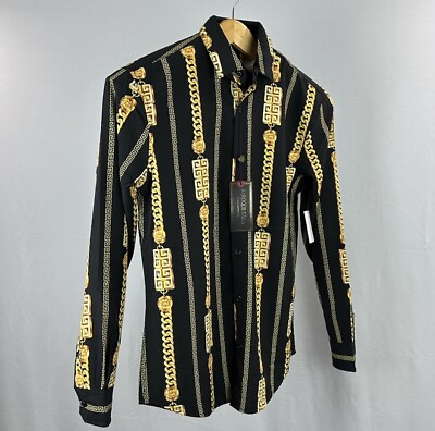 #ad DRILL CLOTHING Shirt Men#x27;s Small Black Designer Button Up Stretch Baroque Gold