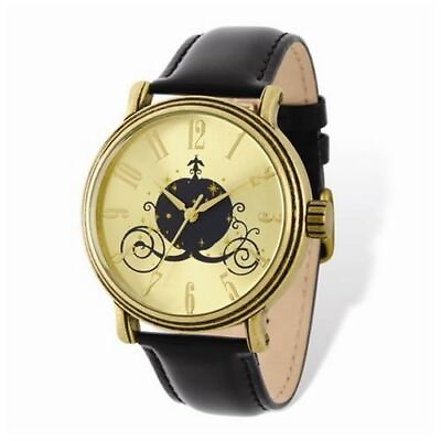 #ad Ladies Disney Antique Gold tone Coach Black Leather Watch