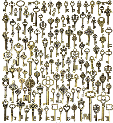 #ad 125 PCS Vintage Skeleton Key Set Charms Mixed Antique Style Bronze Brass for P