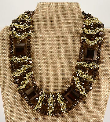 #ad Chocolate Statement Chunky Necklace Brown Chains Beads Faceted Brown Gold Tone