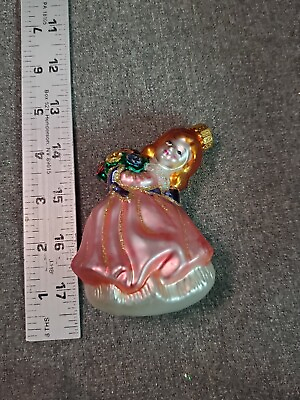 #ad Vintage Glass and Glitter Girl with Flowers Christmas Tree Ornament